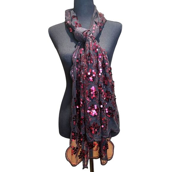 Black Lace & Red Sequin Scarf, EUC - Picture 1 of 3